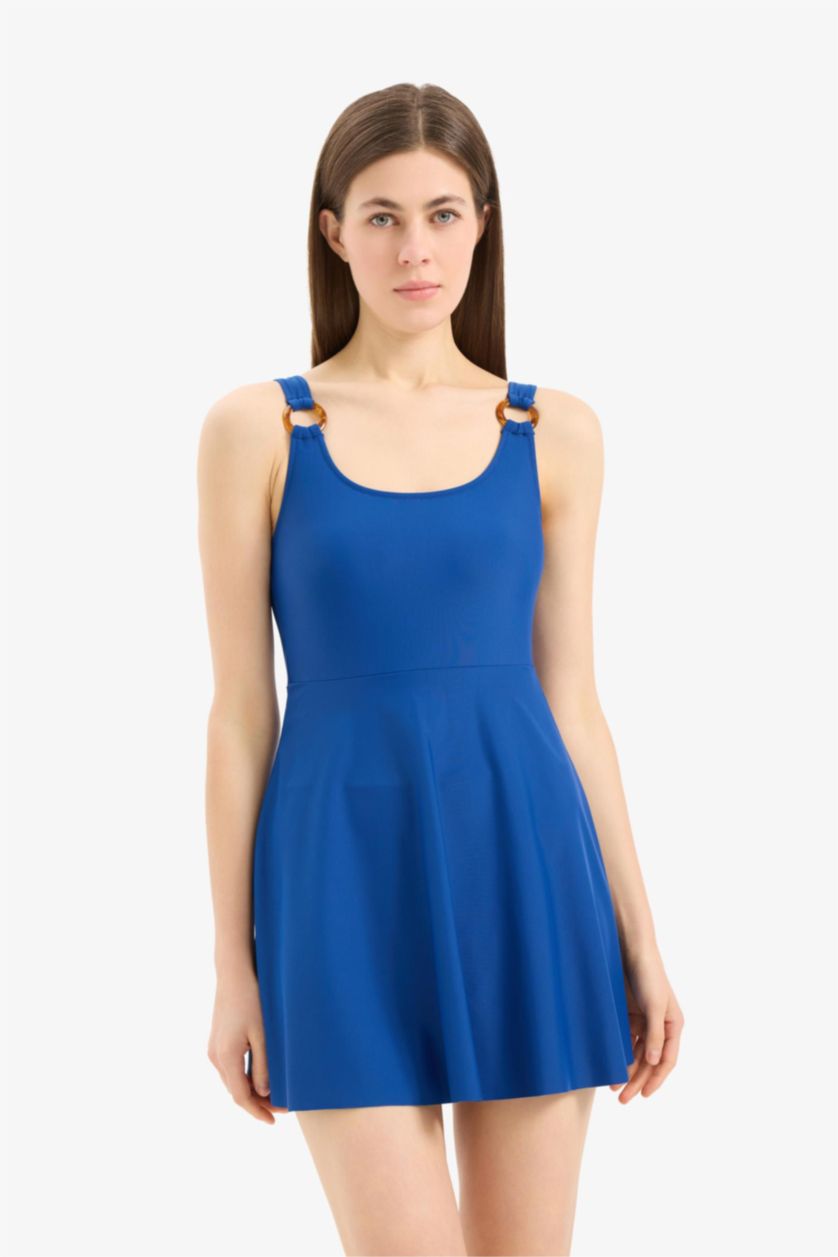 Kadın Saks Regular Fit Yuvarlak Yaka Etekli Mayo