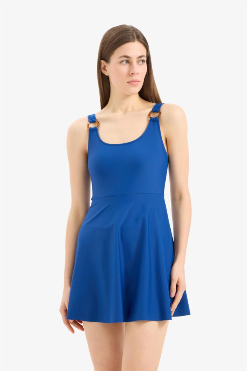 Kadın Saks Regular Fit Yuvarlak Yaka Etekli Mayo