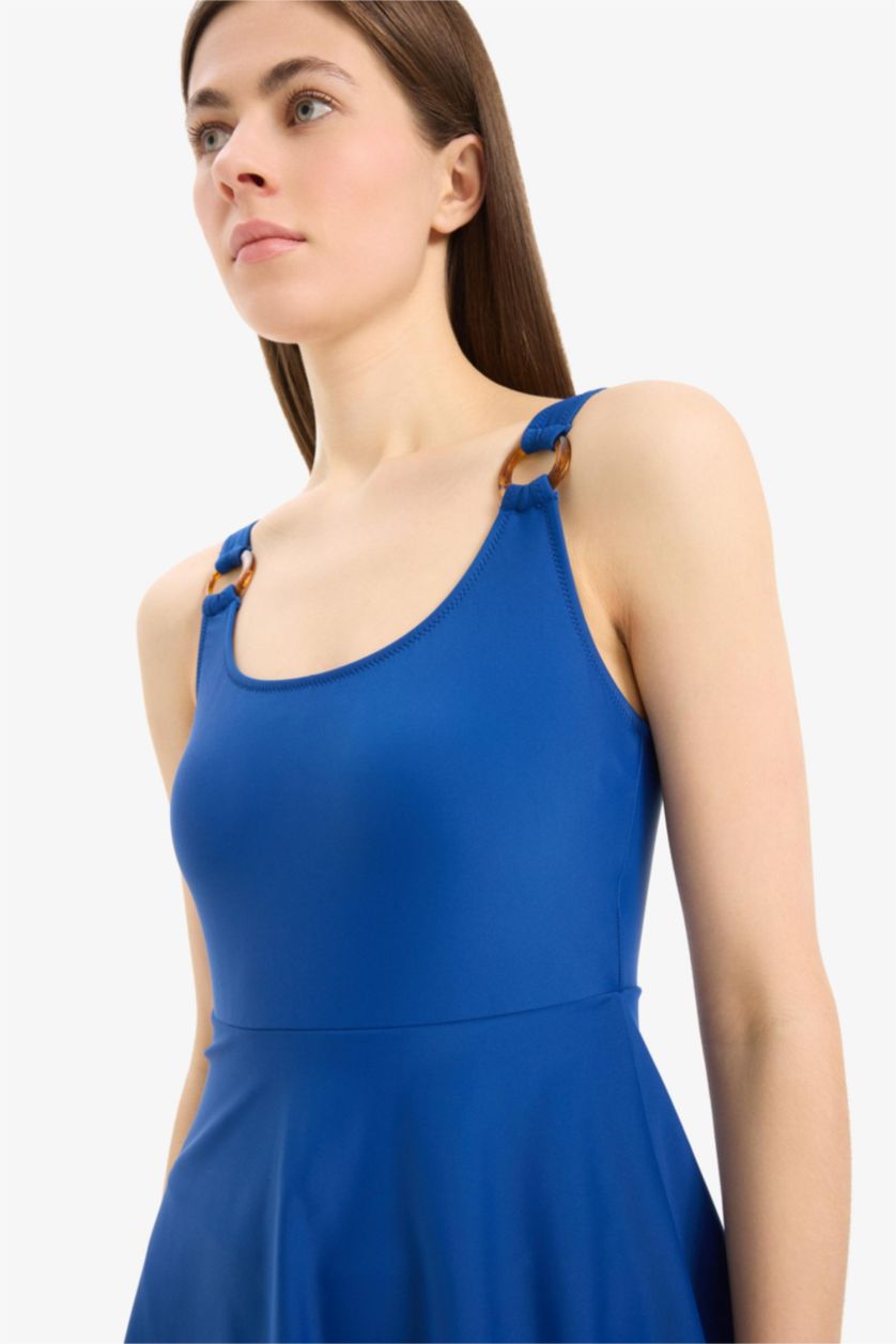 Kadın Saks Regular Fit Yuvarlak Yaka Etekli Mayo