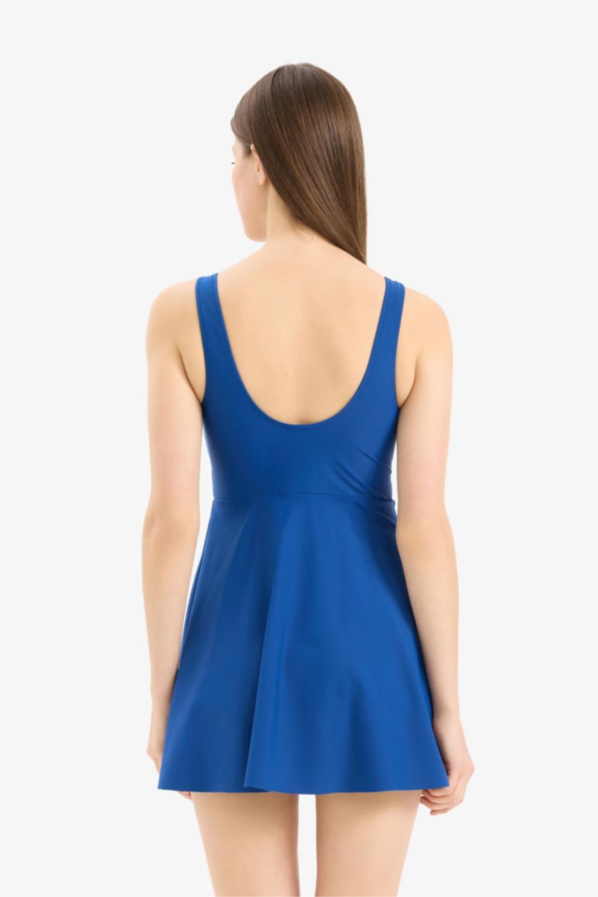 Kadın Saks Regular Fit Yuvarlak Yaka Etekli Mayo