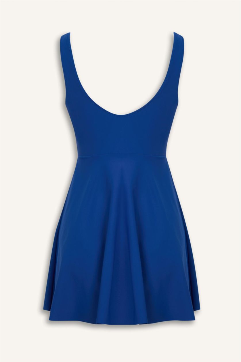 Kadın Saks Regular Fit Yuvarlak Yaka Etekli Mayo