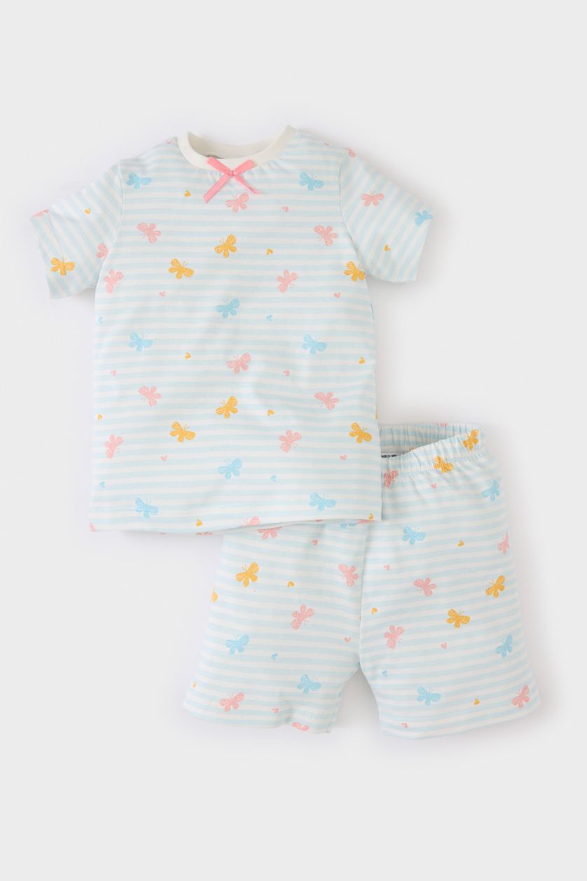 Baby Girl Light Blue Baby Girl Butterfly Patterned Cotton 2 Piece Pajama Set