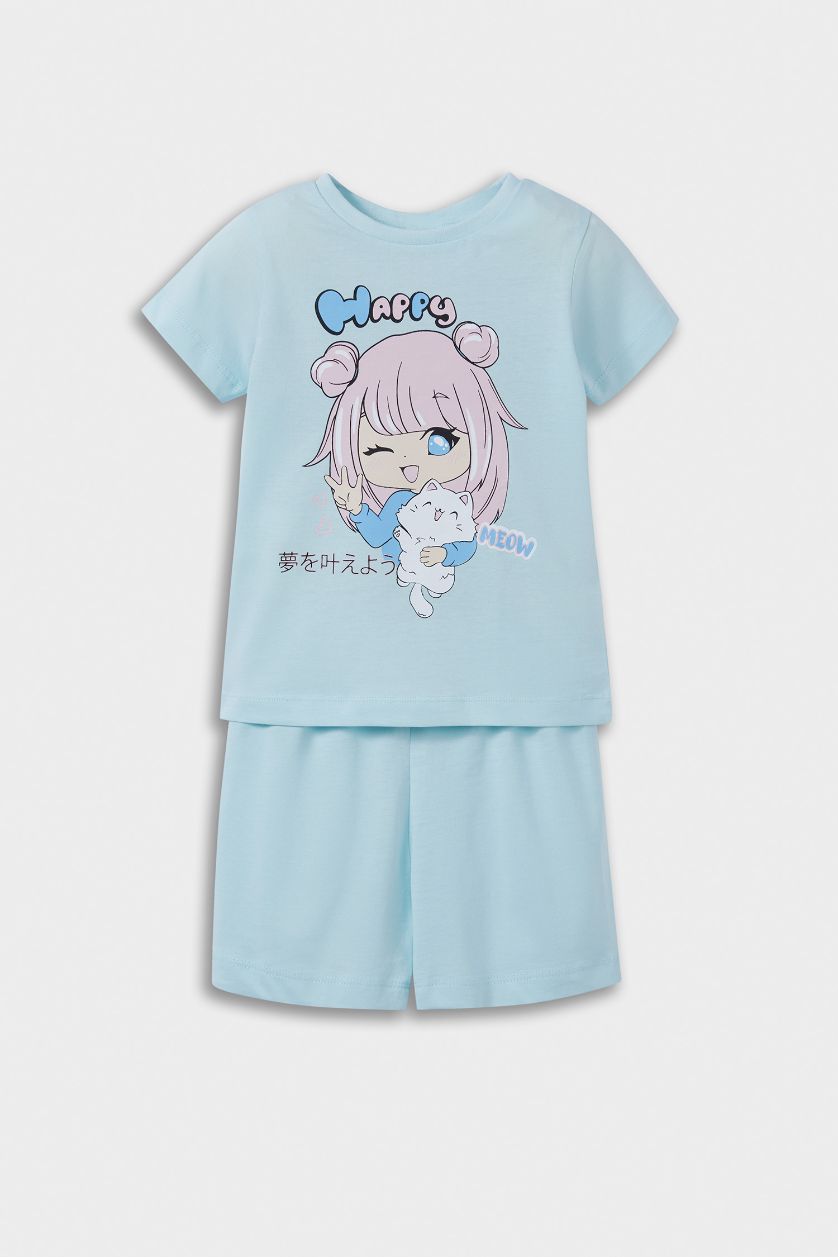 Baby Girl Light Blue Girl Anime Printed Short Sleeve Cotton 2 Piece Pajama Set