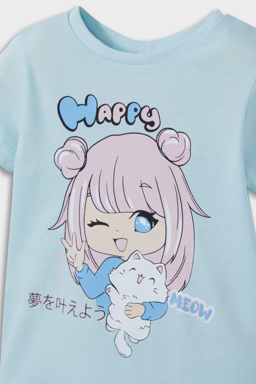 Baby Girl Light Blue Girl Anime Printed Short Sleeve Cotton 2 Piece Pajama Set