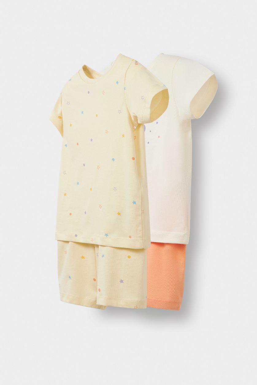 Kız Bebek Somon %100 Pamuklu Yıldız Desenli Beli Lastikli 4'lü Pijama Takımı Kız Bebek