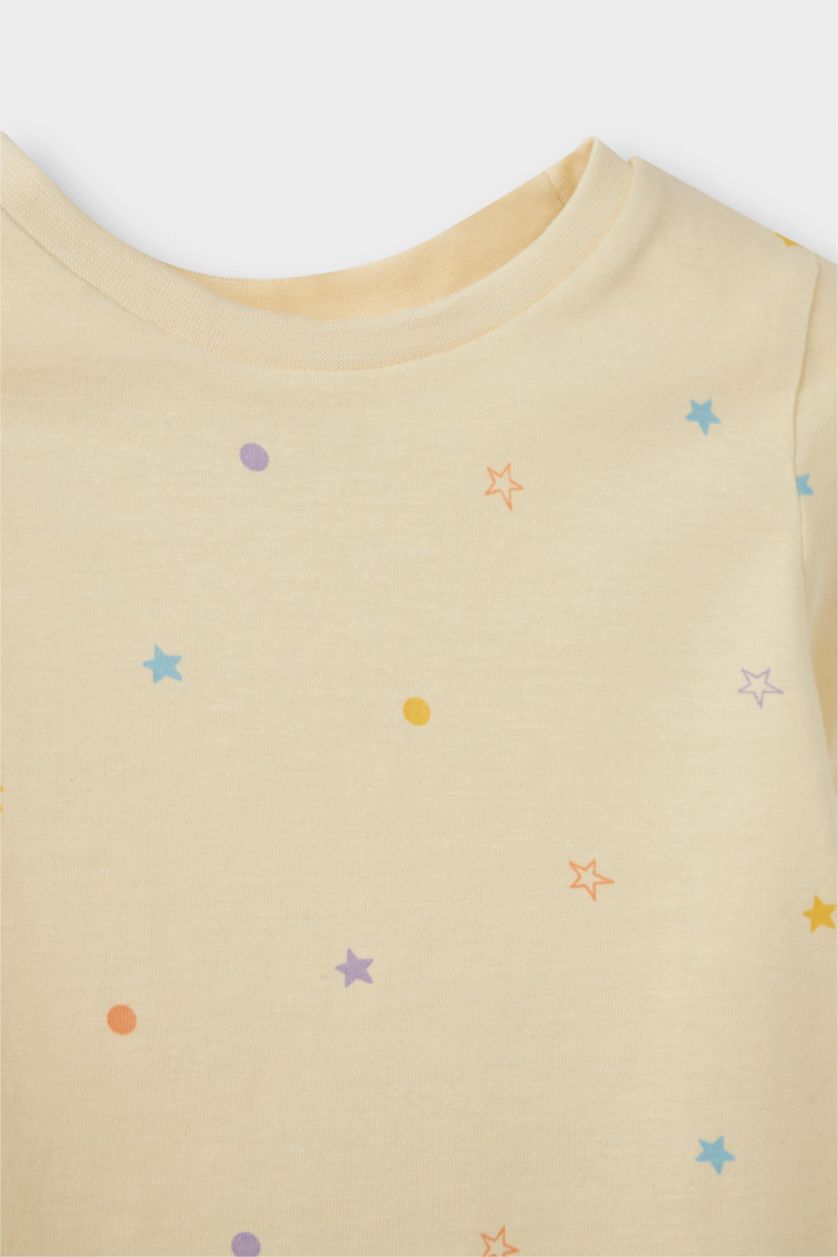 Kız Bebek Somon %100 Pamuklu Yıldız Desenli Beli Lastikli 4'lü Pijama Takımı Kız Bebek