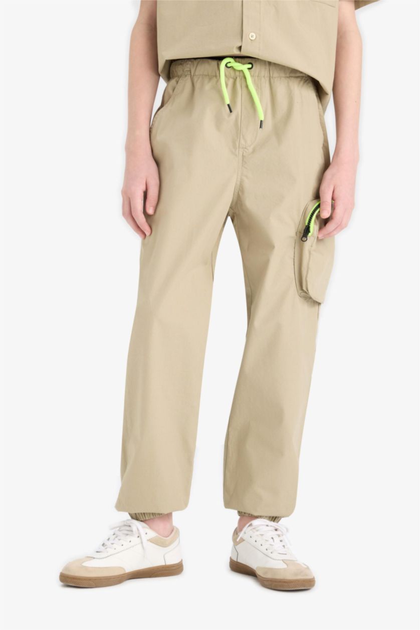 Erkek Çocuk - Genç Erkek Açık Haki Kargo Cepli Jogger Paça Paraşüt Pantolon Erkek Çocuk