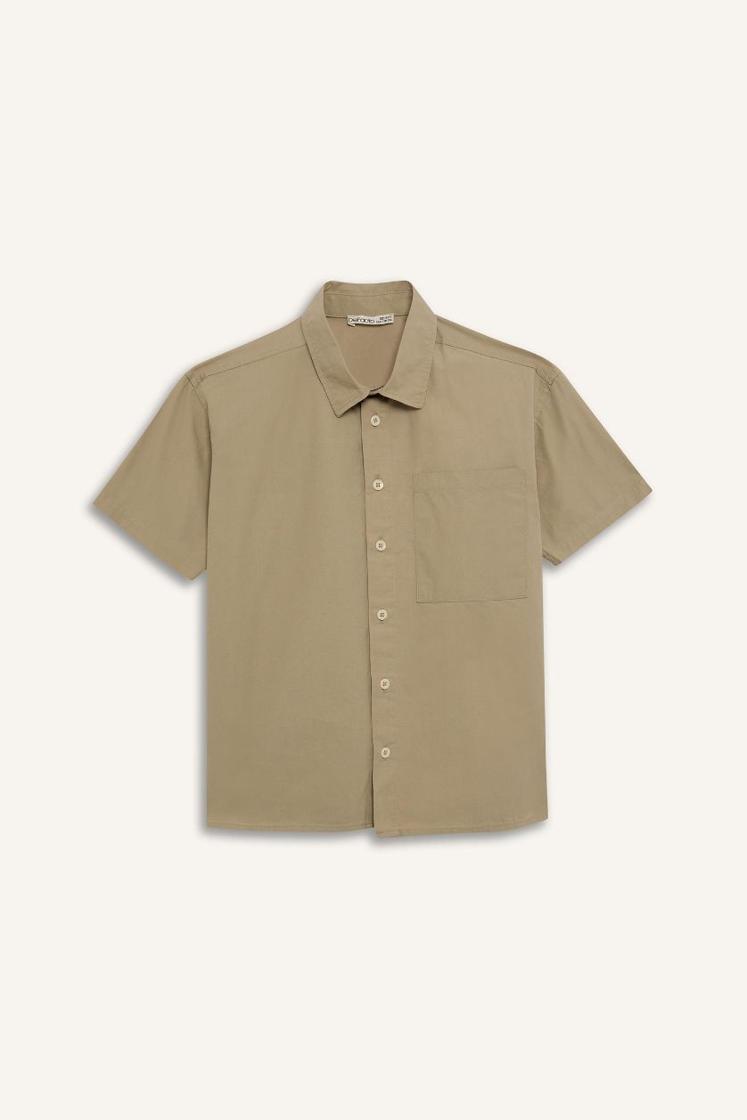 Erkek Çocuk - Genç Erkek Açık Haki Oversize Geniş Kalıp Polo Yaka Paraşüt Kısa Kollu Gömlek Erkek Çocuk