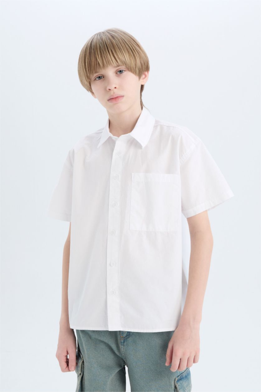 Erkek Çocuk - Genç Erkek Beyaz Oversize Geniş Kalıp Polo Yaka Paraşüt Kısa Kollu Gömlek Erkek Çocuk