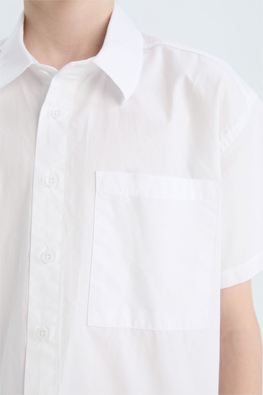 Erkek Çocuk - Genç Erkek Beyaz Oversize Geniş Kalıp Polo Yaka Paraşüt Kısa Kollu Gömlek Erkek Çocuk