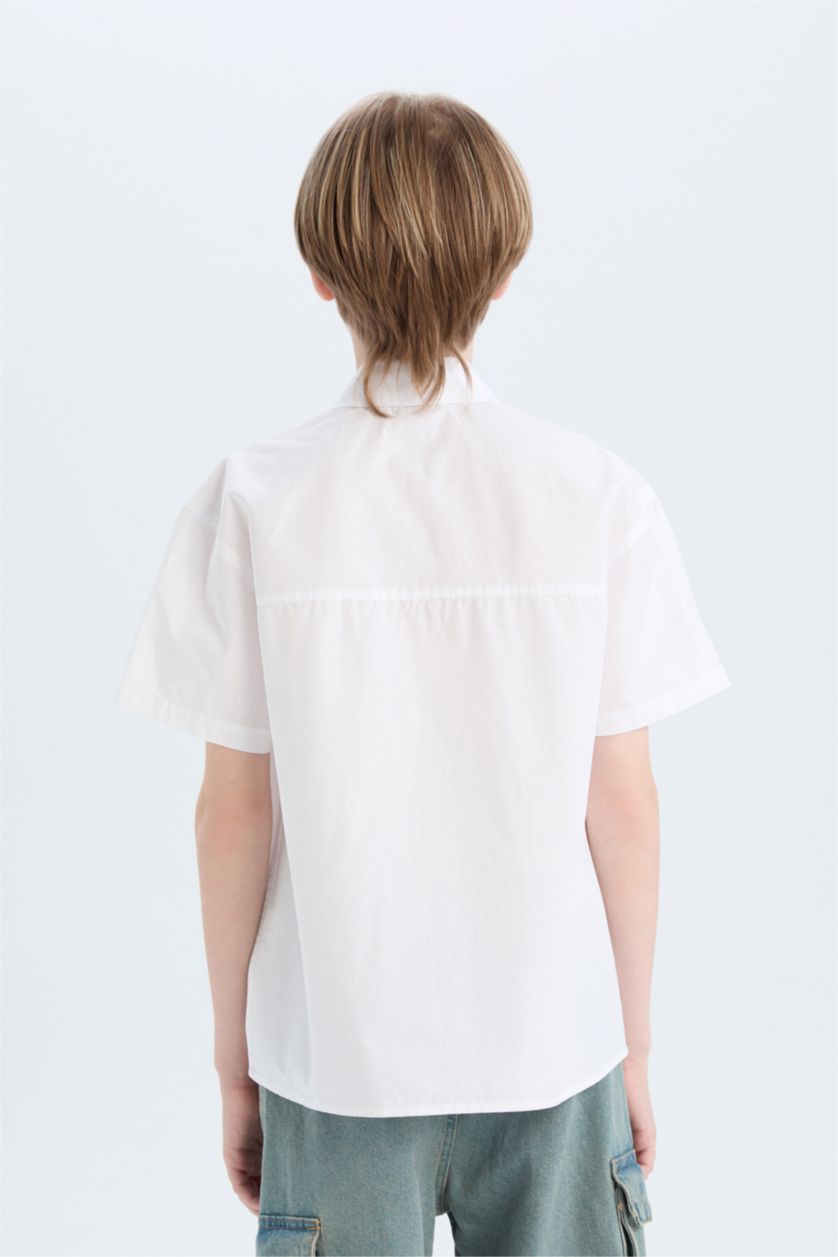 Erkek Çocuk - Genç Erkek Beyaz Oversize Geniş Kalıp Polo Yaka Paraşüt Kısa Kollu Gömlek Erkek Çocuk