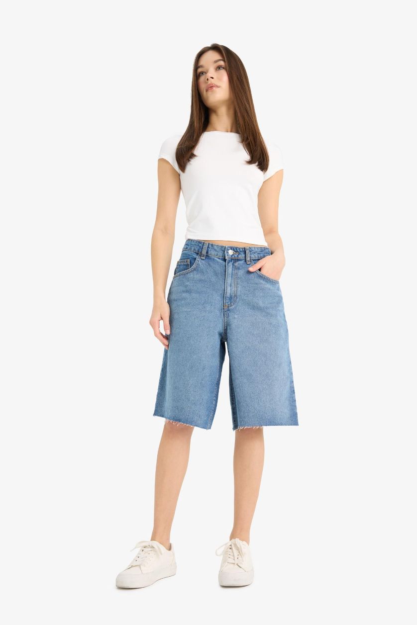 Woman Blue High Waist Denim Bermuda Shorts