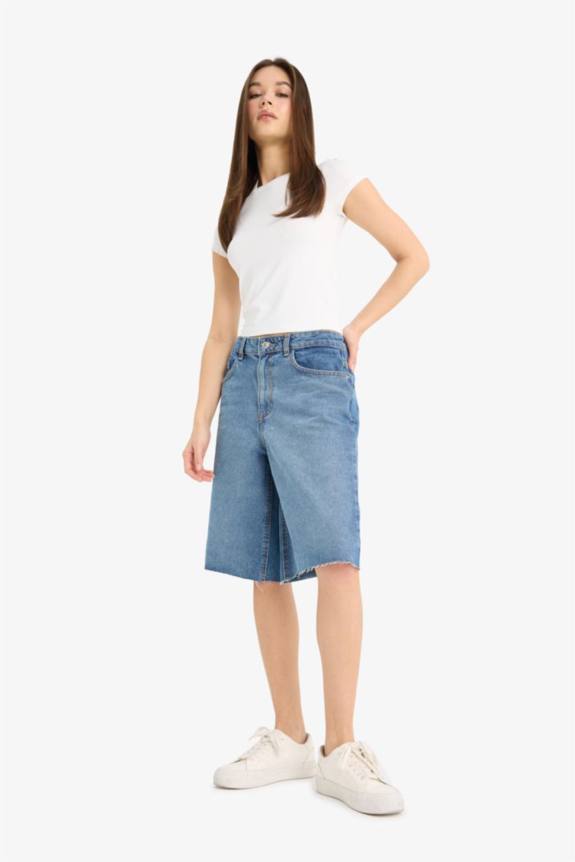 Woman Blue High Waist Denim Bermuda Shorts
