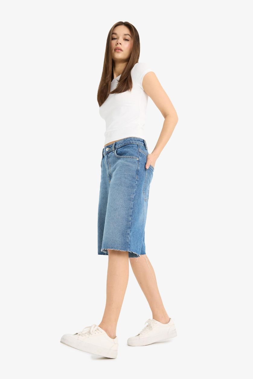 Woman Blue High Waist Denim Bermuda Shorts