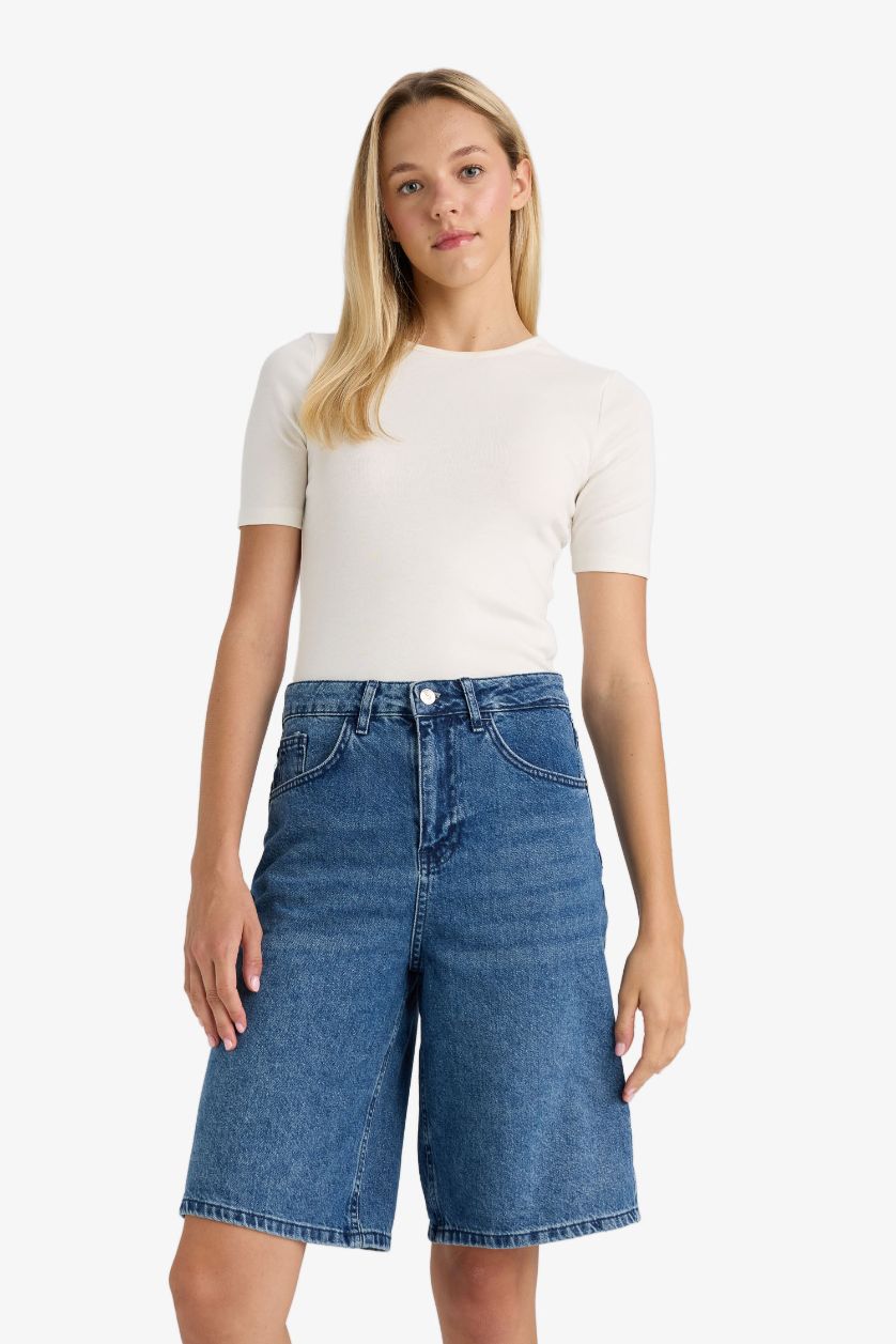 Kadın Mavi %100 Pamuk Yüksek Bel Jean Bermuda Şort