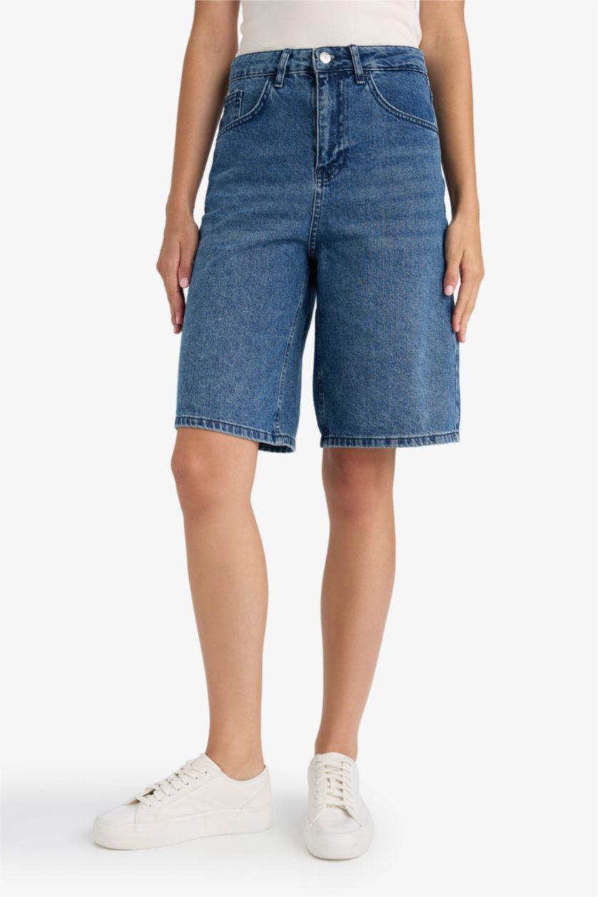 Kadın Mavi %100 Pamuk Yüksek Bel Jean Bermuda Şort