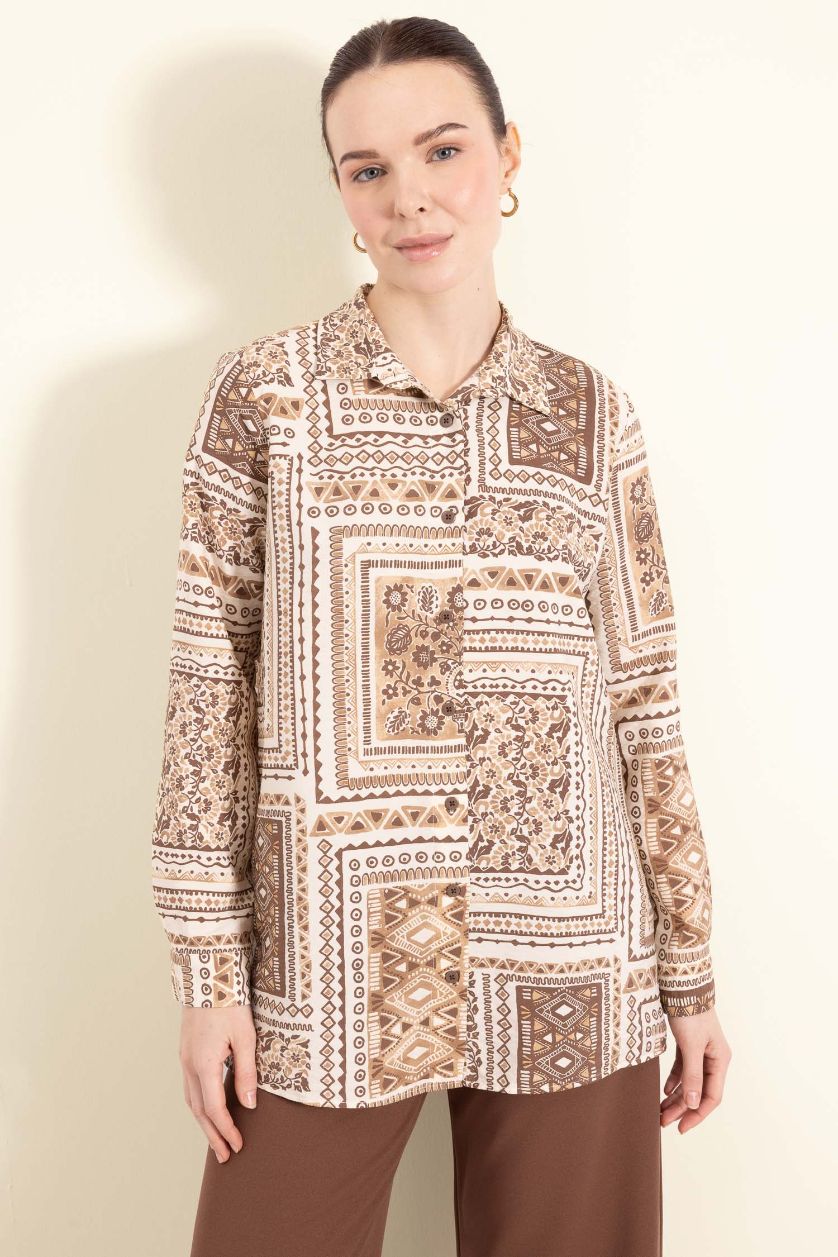 Woman Light Camel Regular Fit Shirt Collar Long Sleeve Tunic