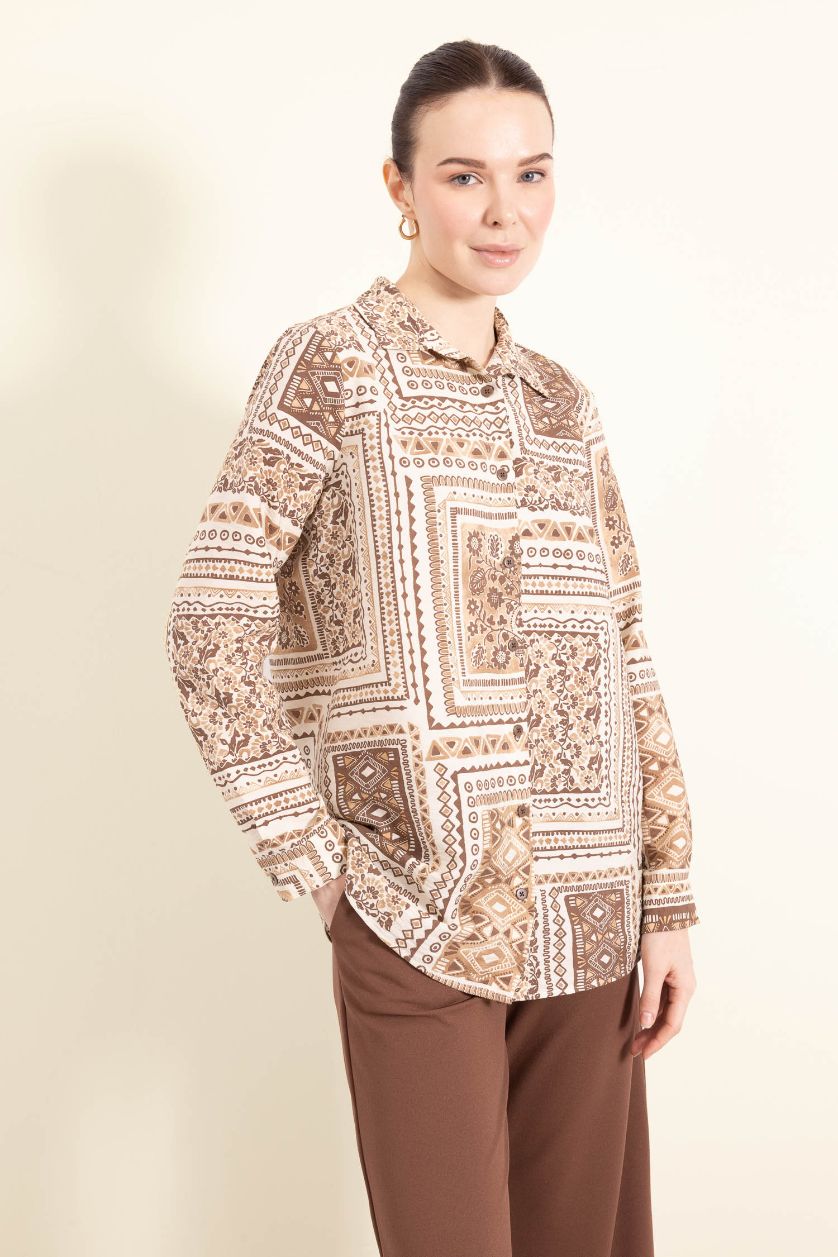 Woman Light Camel Regular Fit Shirt Collar Long Sleeve Tunic