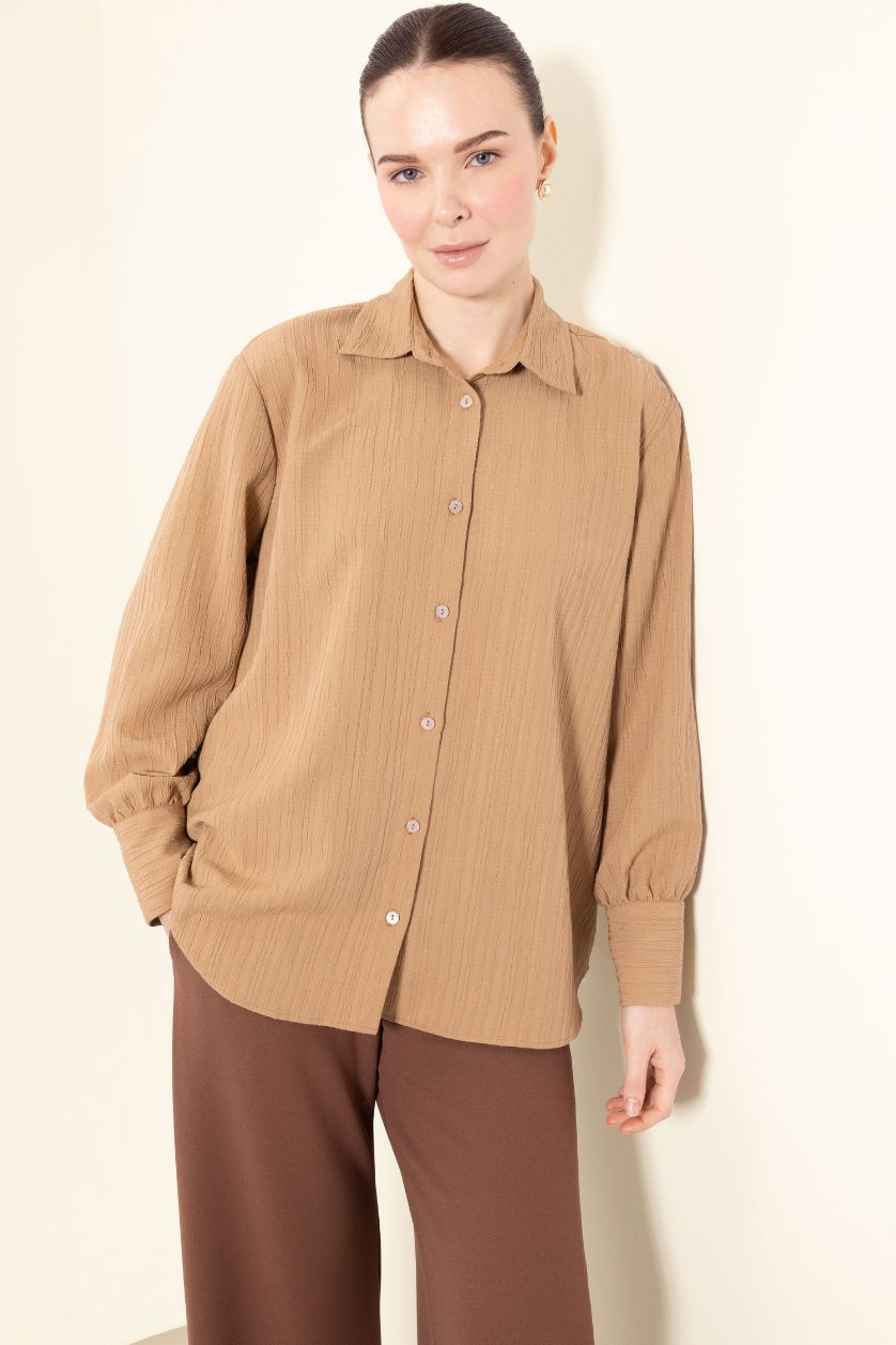 Женщины Верблюжья шерсть (светлый) Обычная посадка, базовая простая рубашка-туника с длинным рукавом