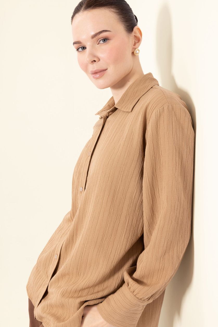 Женщины Верблюжья шерсть (светлый) Обычная посадка, базовая простая рубашка-туника с длинным рукавом