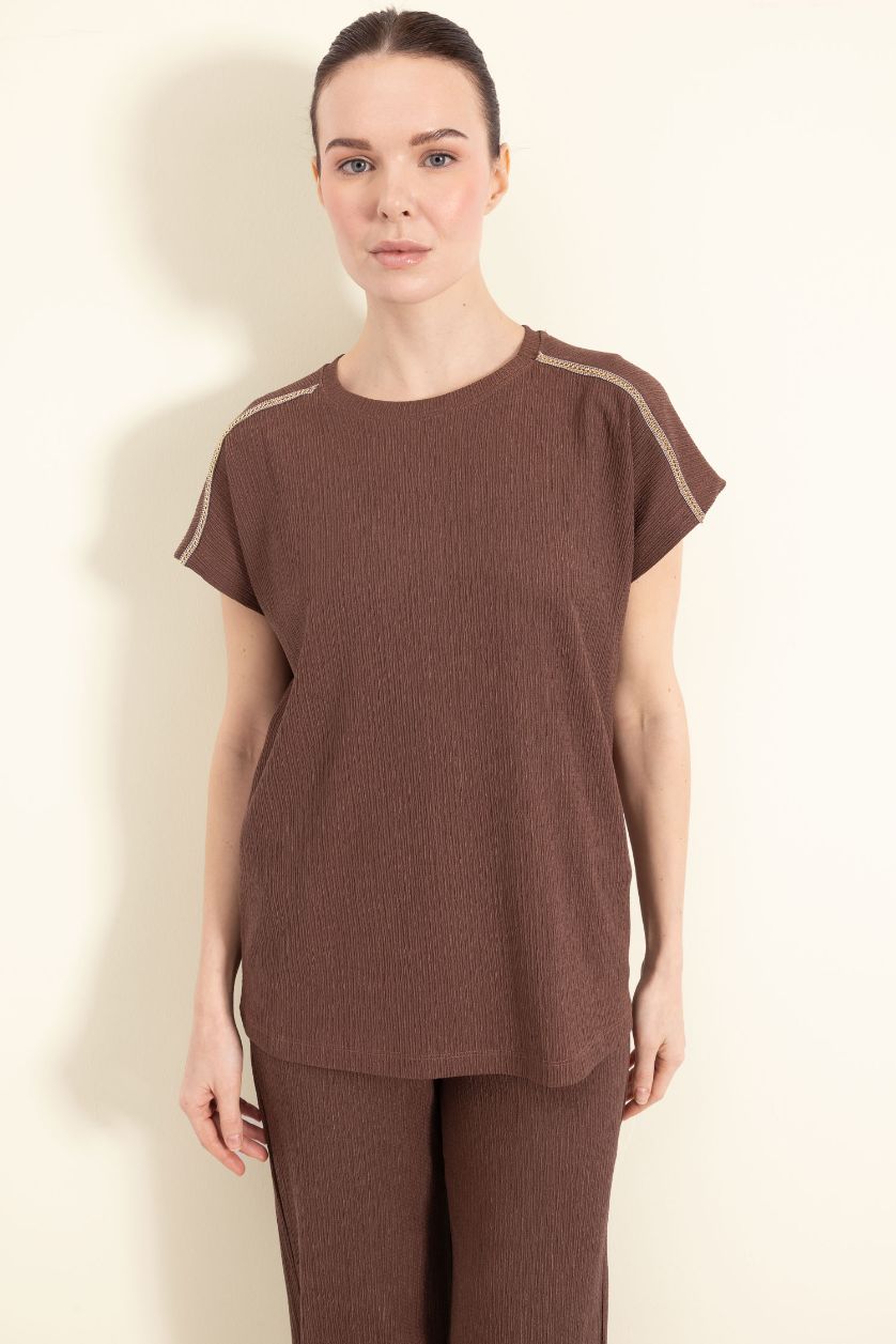 Woman Brown Regular Fit Crew Neck Crepe Short Sleeve T-Shirt