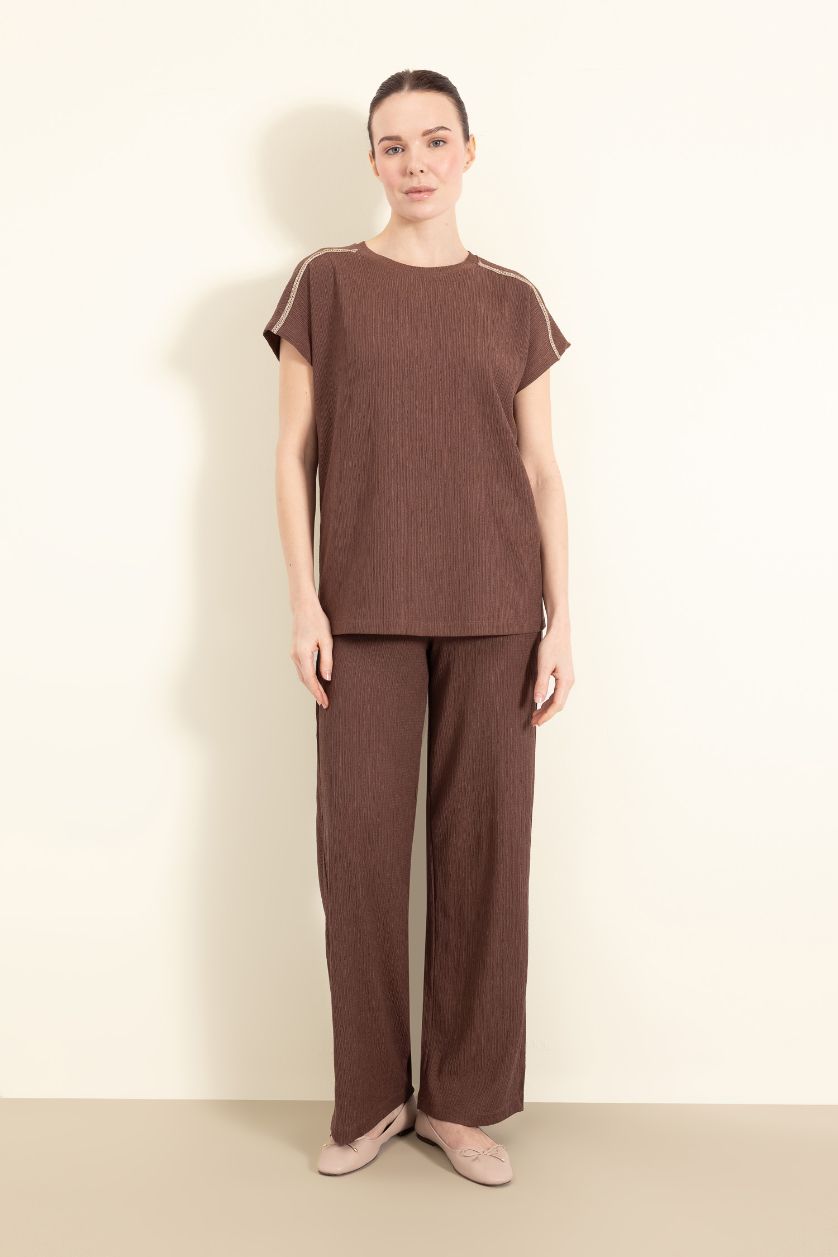 Woman Brown Regular Fit Crew Neck Crepe Short Sleeve T-Shirt