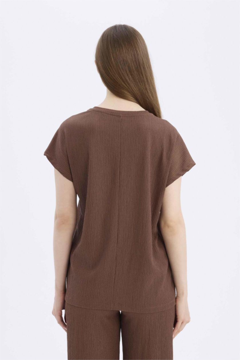 Woman Brown Regular Fit Crew Neck Crepe Short Sleeve T-Shirt