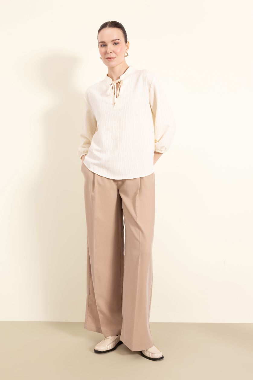 Woman Ecru Regular Fit Crew Neck Long Sleeve Blouse