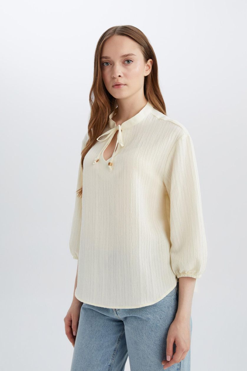 Woman Ecru Regular Fit Crew Neck Long Sleeve Blouse