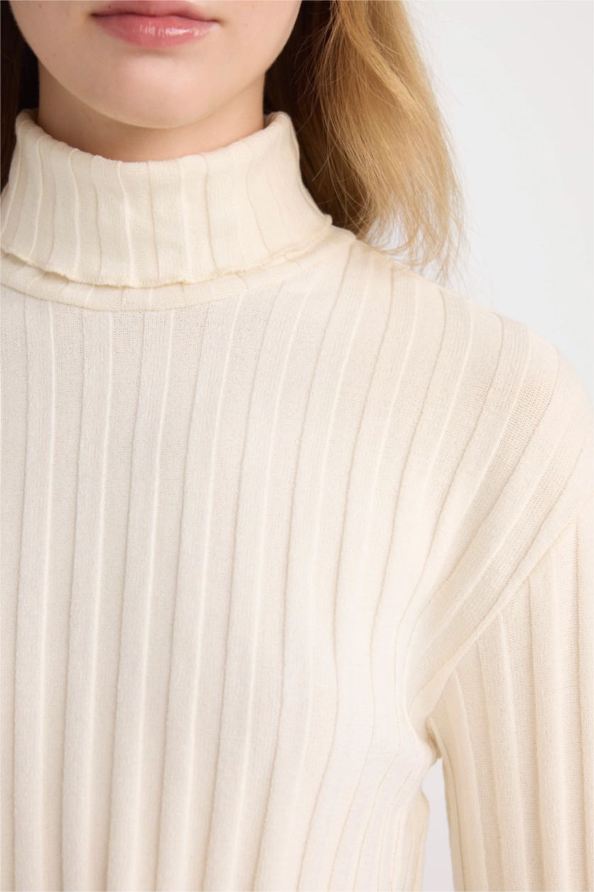 Kadın Ekru Balıkçı Yaka Crop Basic Düz Fitilli Kaşkorse Uzun Kollu Tişört