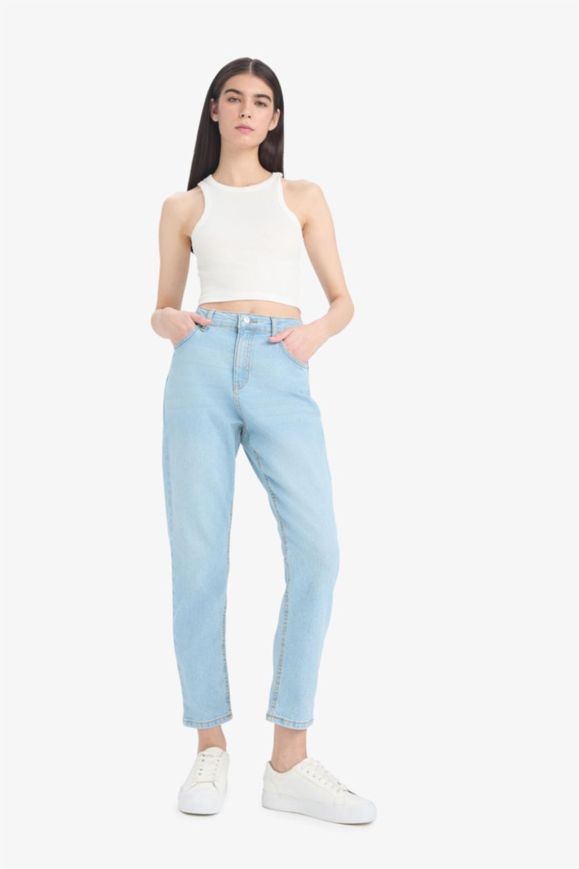 WOMAN Light Blue Comfort Mom Fit High Waist Short Leg Jeans