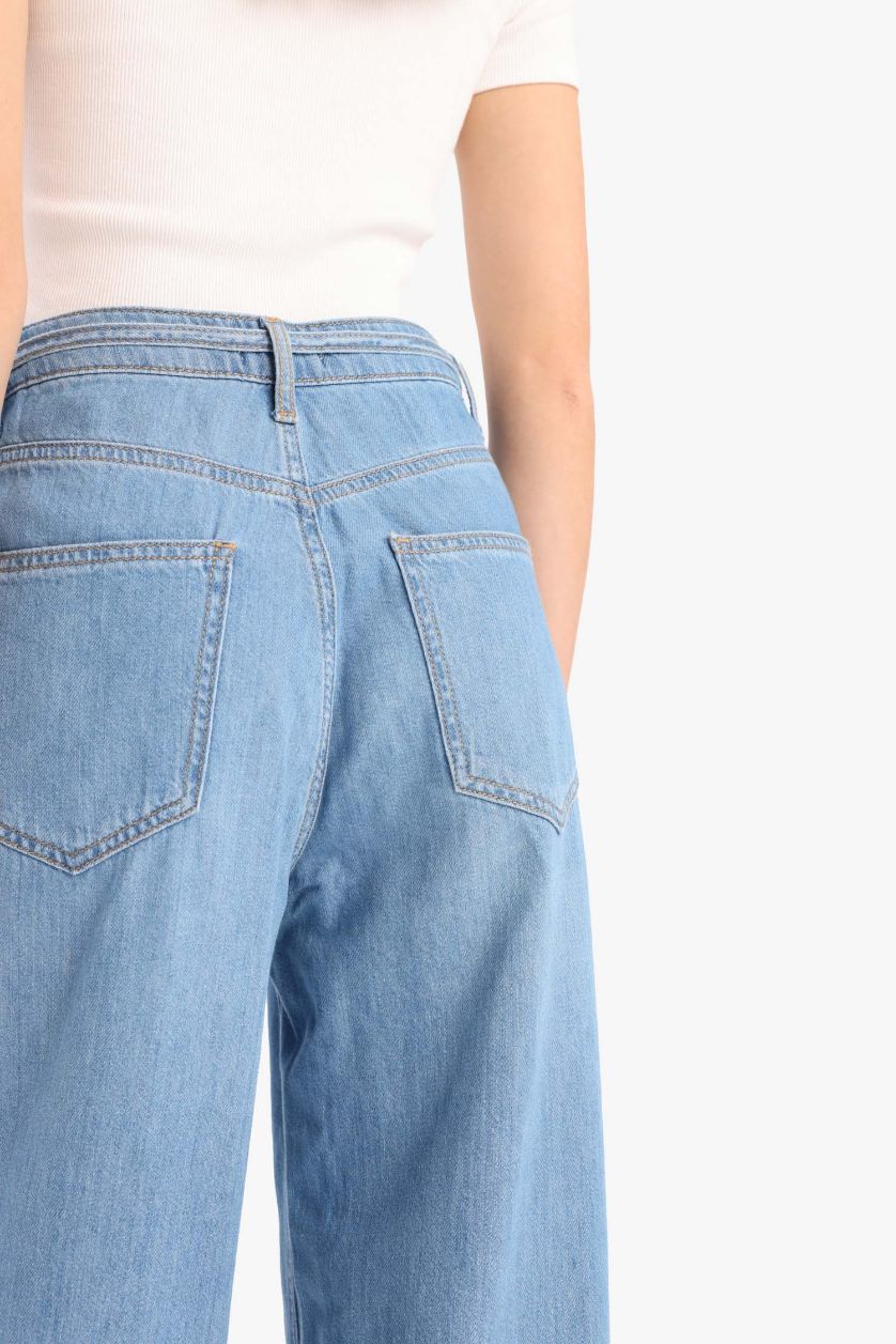 Kadın Açık İndigo Wide Leg Yüksek Bel Geniş Paça Uzun Yumuşak Jean Pantolon