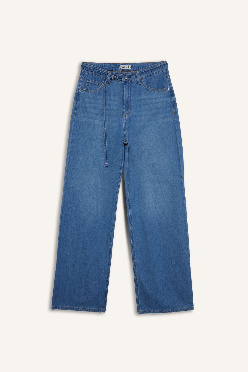 Kadın Açık İndigo Wide Leg Yüksek Bel Geniş Paça Uzun Yumuşak Jean Pantolon