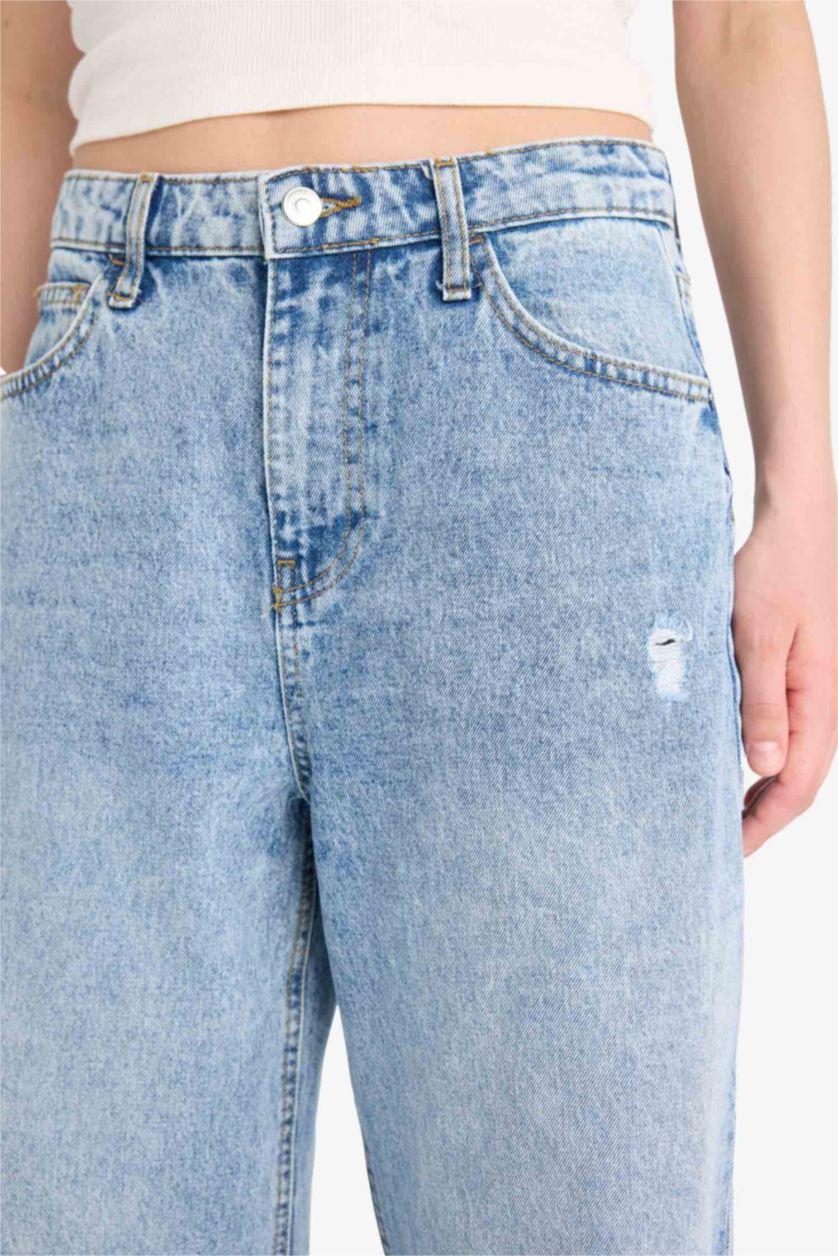 Woman Blue Ripped Detailed High Waist Wide Leg Jeans