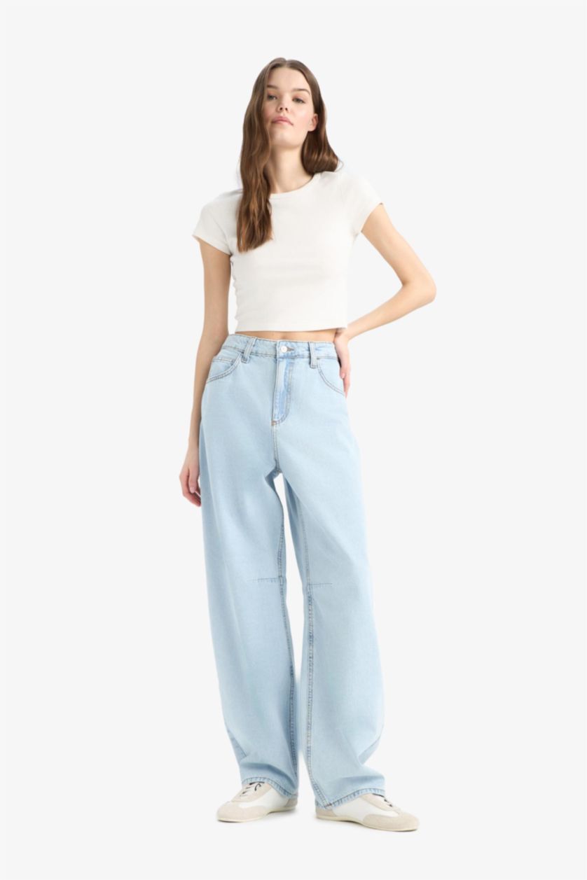 Woman Light Blue Baggy Fit High Waist Straight Leg Jeans