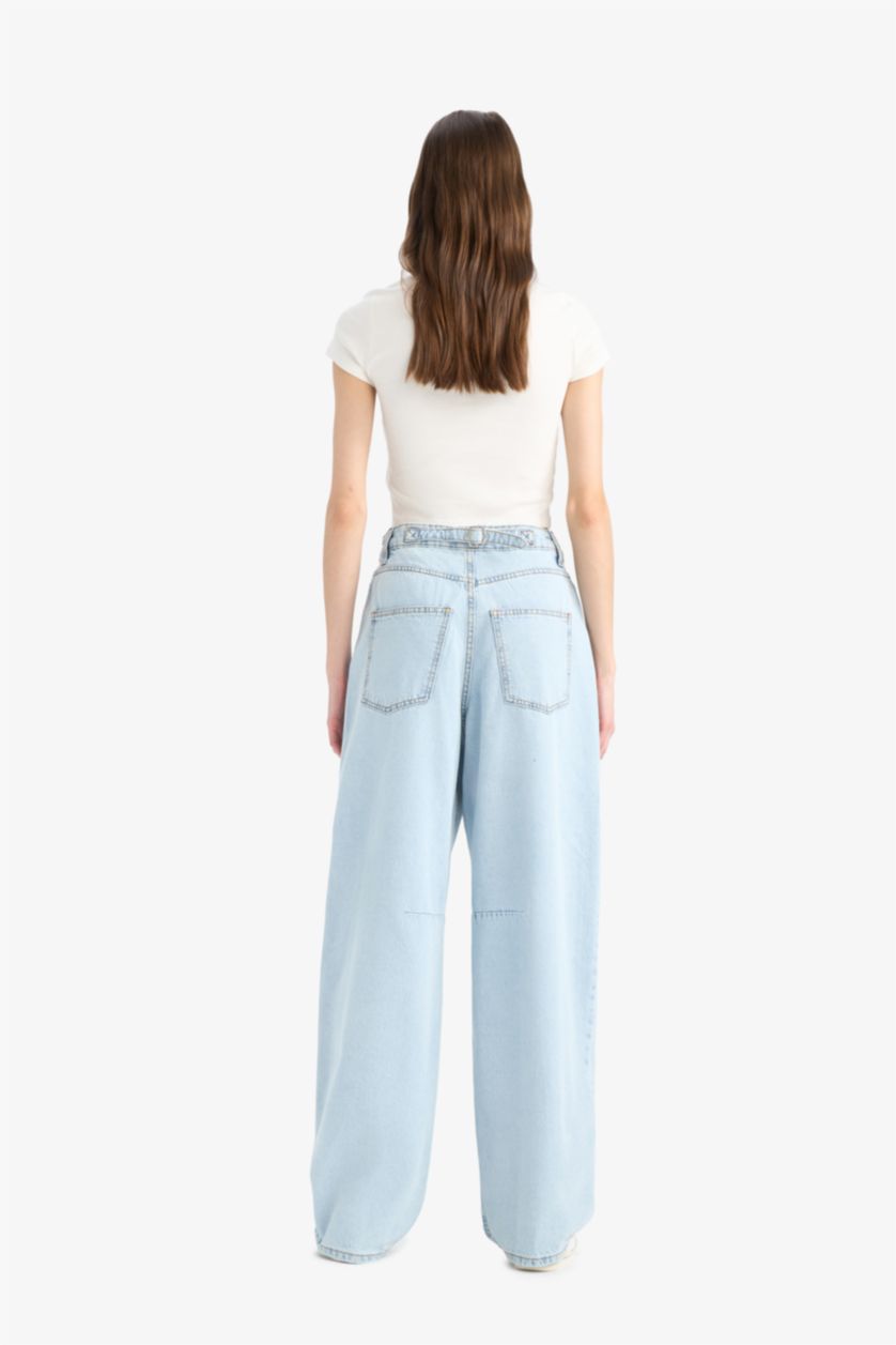 Woman Light Blue Baggy Fit High Waist Straight Leg Jeans