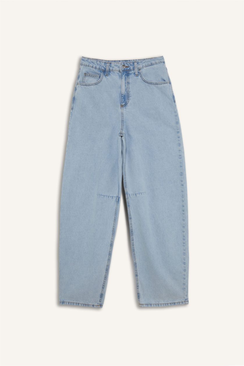 Woman Light Blue Baggy Fit High Waist Straight Leg Jeans