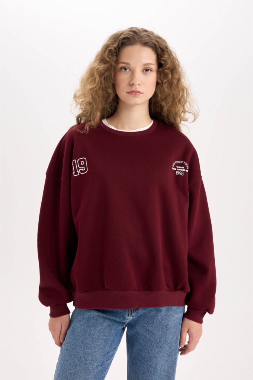 نساء خمري سويت شيرت مطبوع قصة فضفاضة برقبة مستديرة