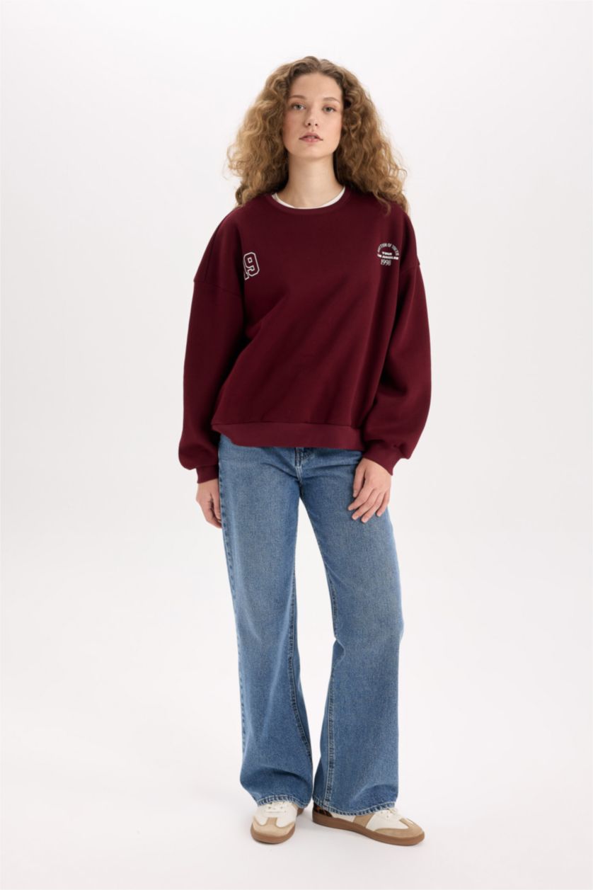 نساء خمري سويت شيرت مطبوع قصة فضفاضة برقبة مستديرة