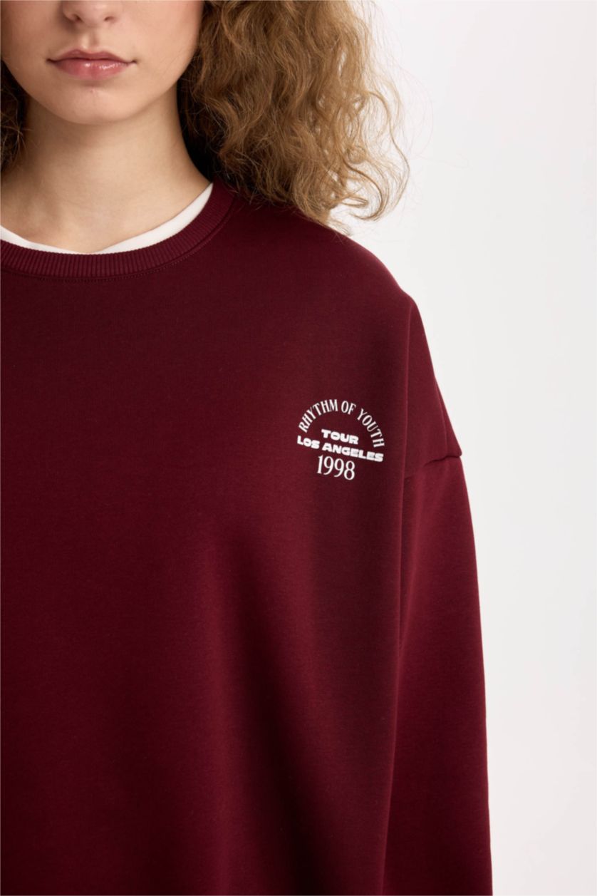 نساء خمري سويت شيرت مطبوع قصة فضفاضة برقبة مستديرة