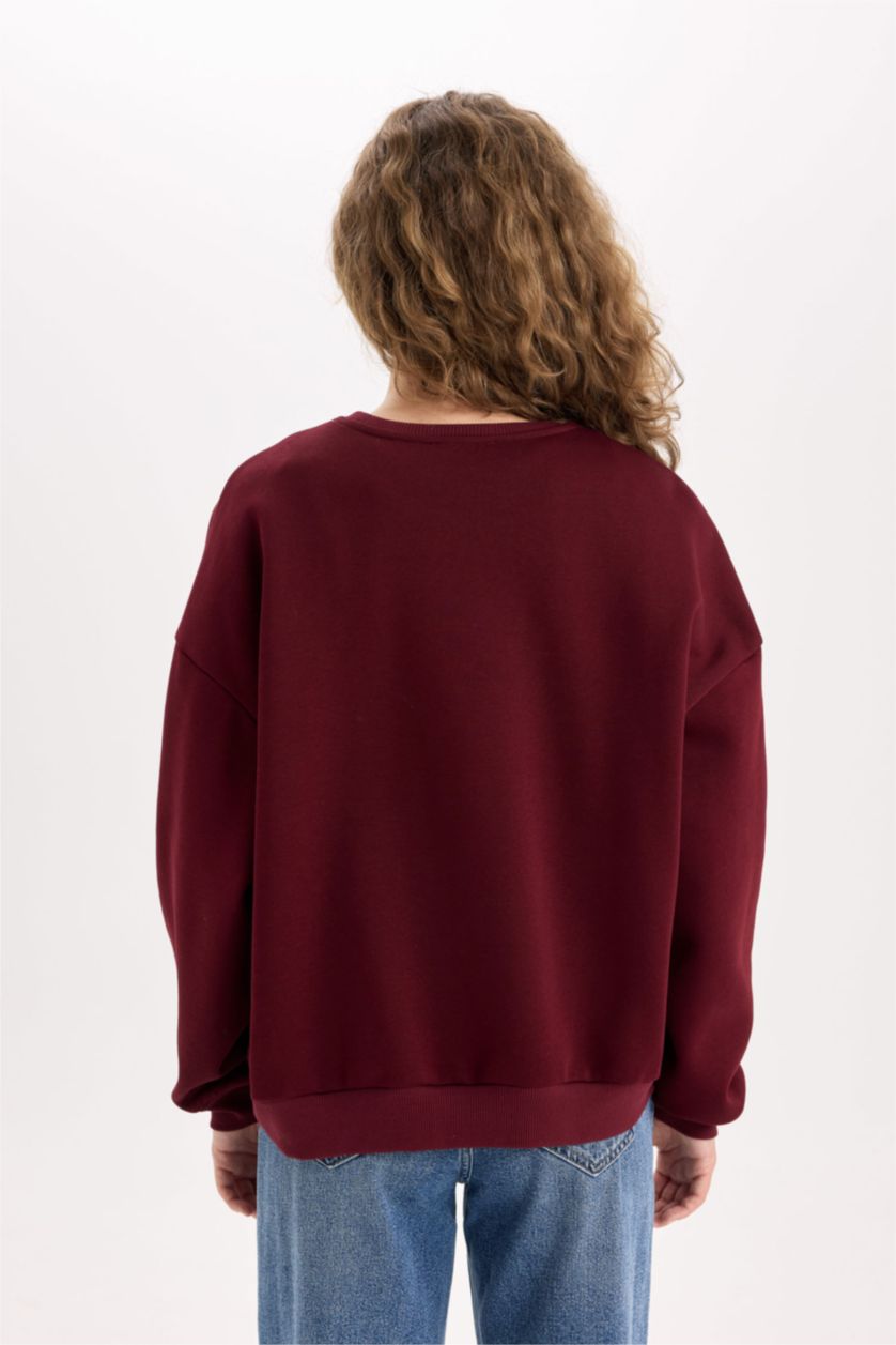 نساء خمري سويت شيرت مطبوع قصة فضفاضة برقبة مستديرة