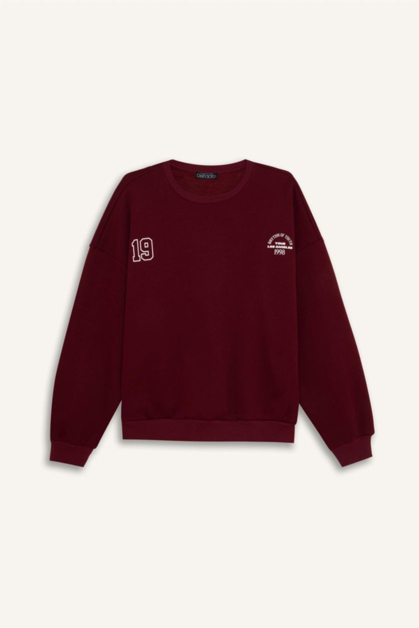 نساء خمري سويت شيرت مطبوع قصة فضفاضة برقبة مستديرة