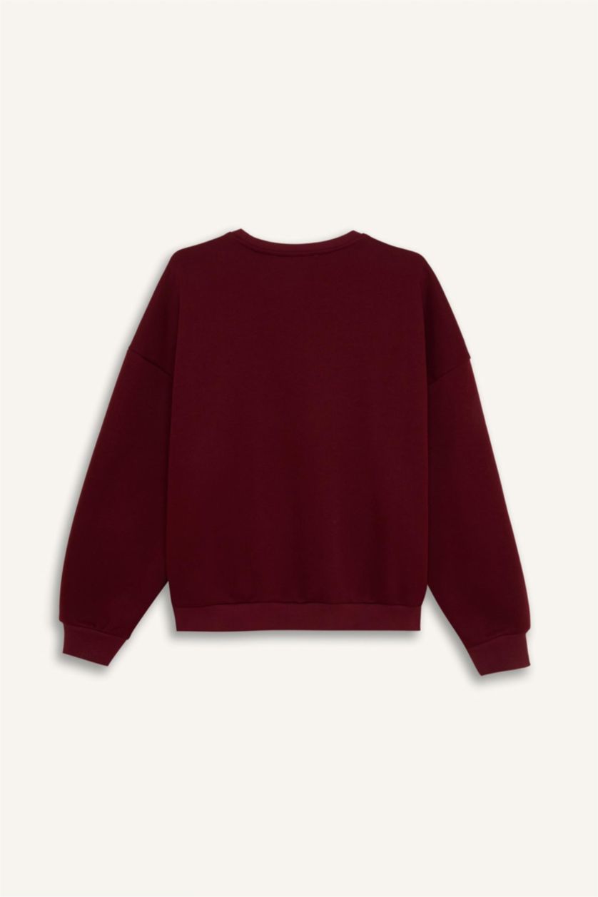 نساء خمري سويت شيرت مطبوع قصة فضفاضة برقبة مستديرة