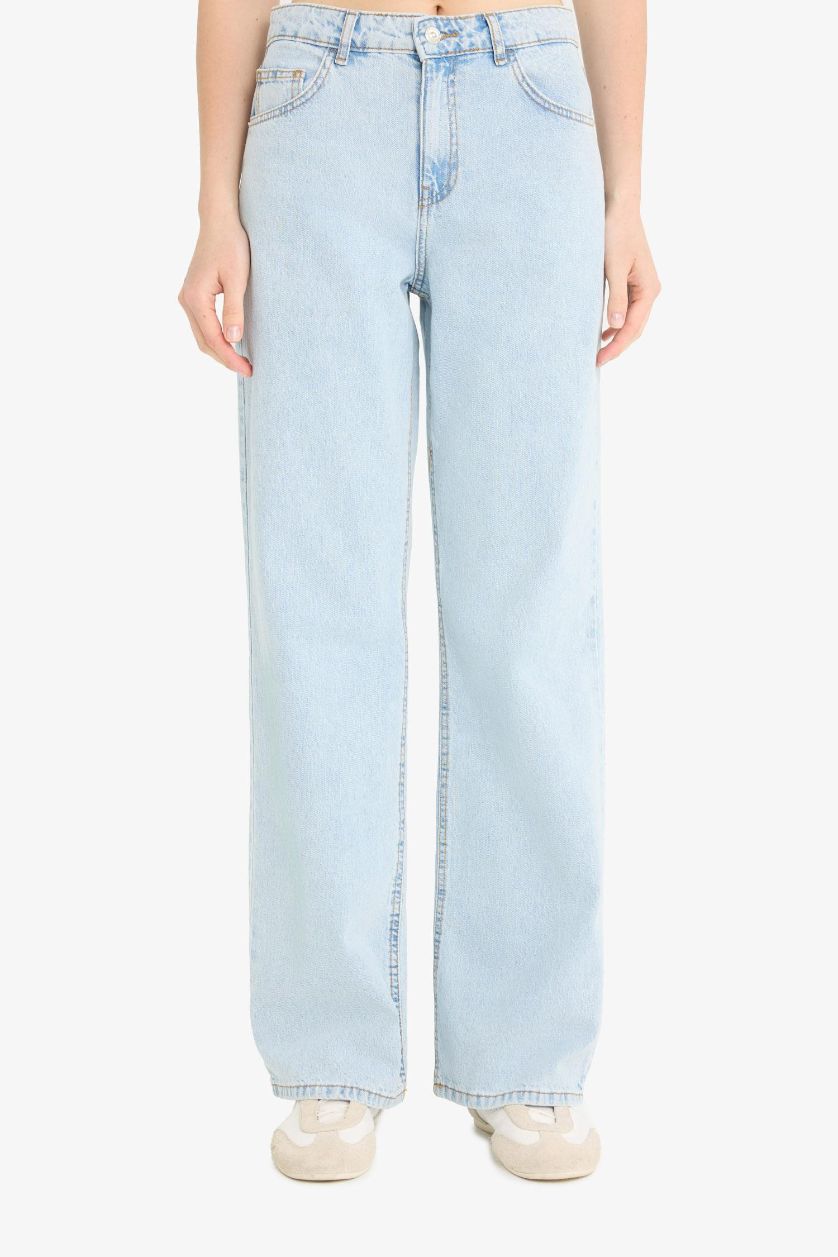 Kadın Açık Mavi %100 Pamuk Straight Wide Yüksek Bel Jean Pantolon