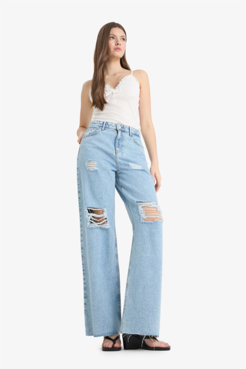 Woman Light Blue 90's Ripped Detailed High Waist Wide Leg Jeans