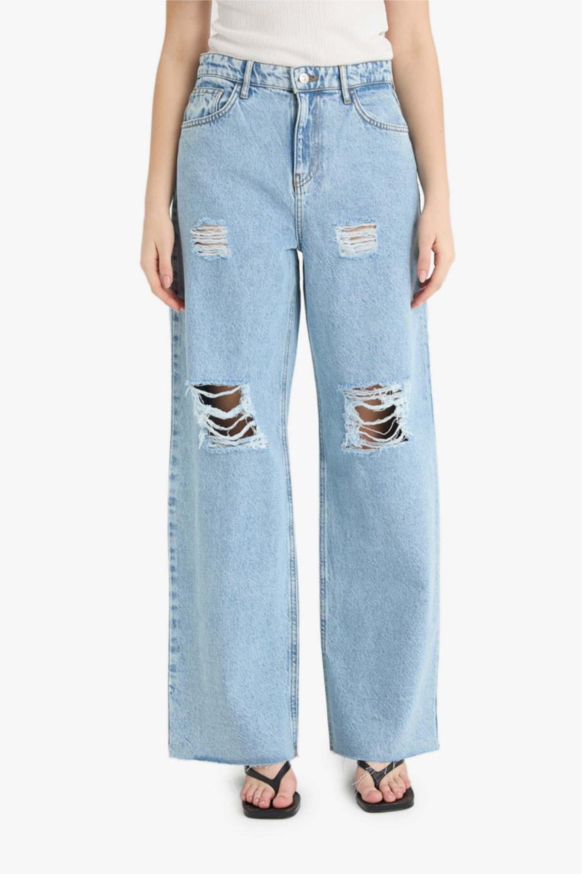 Woman Light Blue 90's Ripped Detailed High Waist Wide Leg Jeans