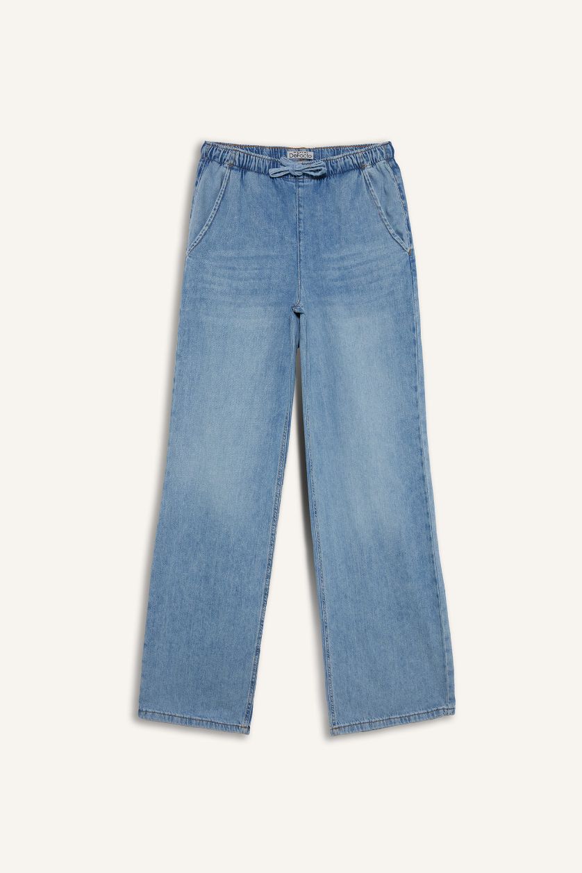 نساء نيلي فاتح بنطرون جينز ناعم وايد ليج برجل واسع وخصر عالي