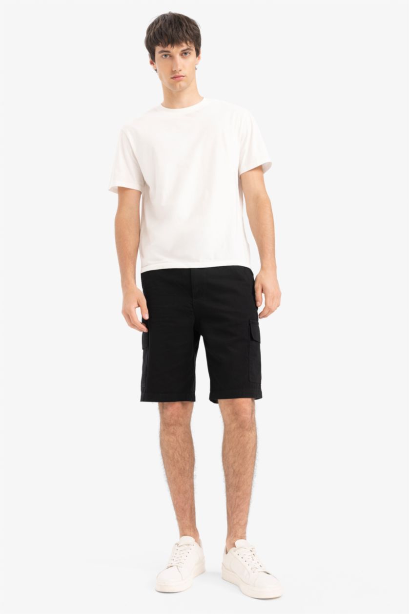 Erkek Siyah %100 Pamuk Regular Kargo Cepli Bermuda Şort