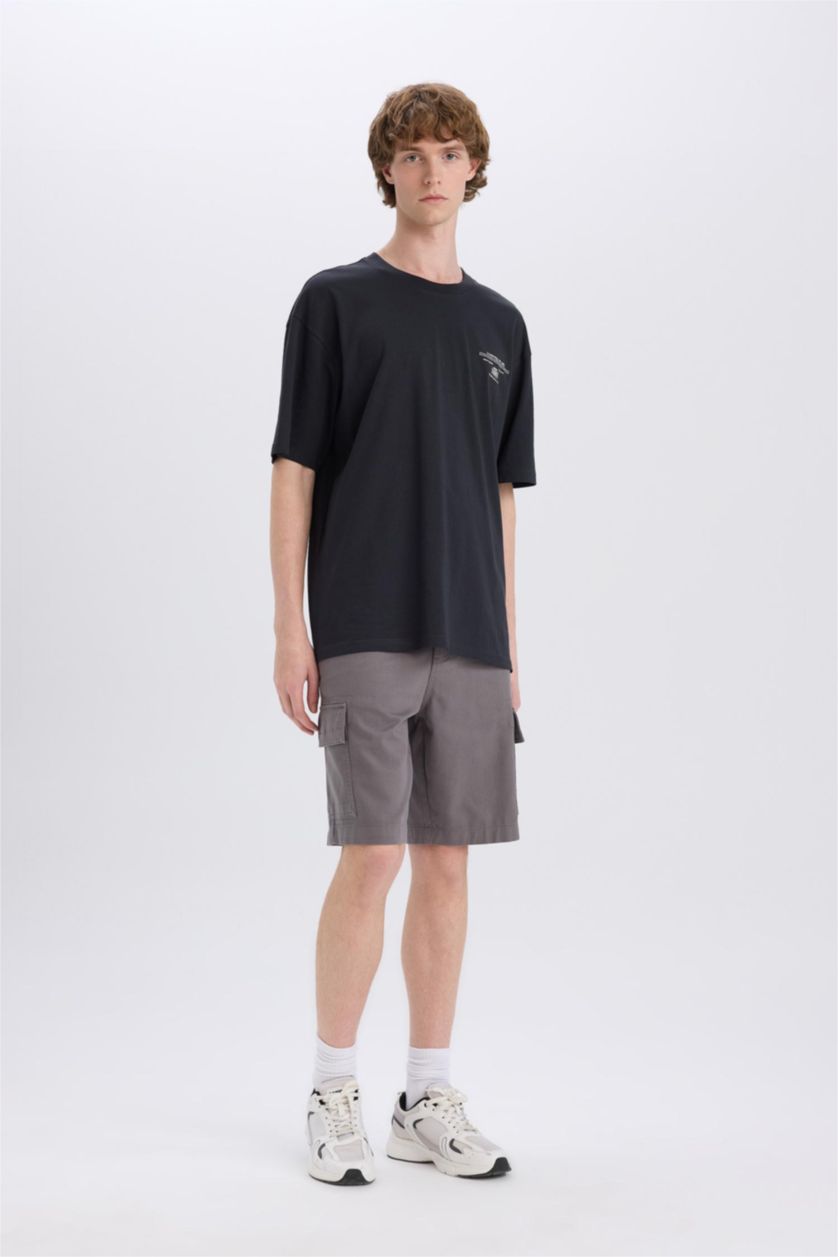 MAN Grey Cotton Regular Cargo Bermuda Shorts