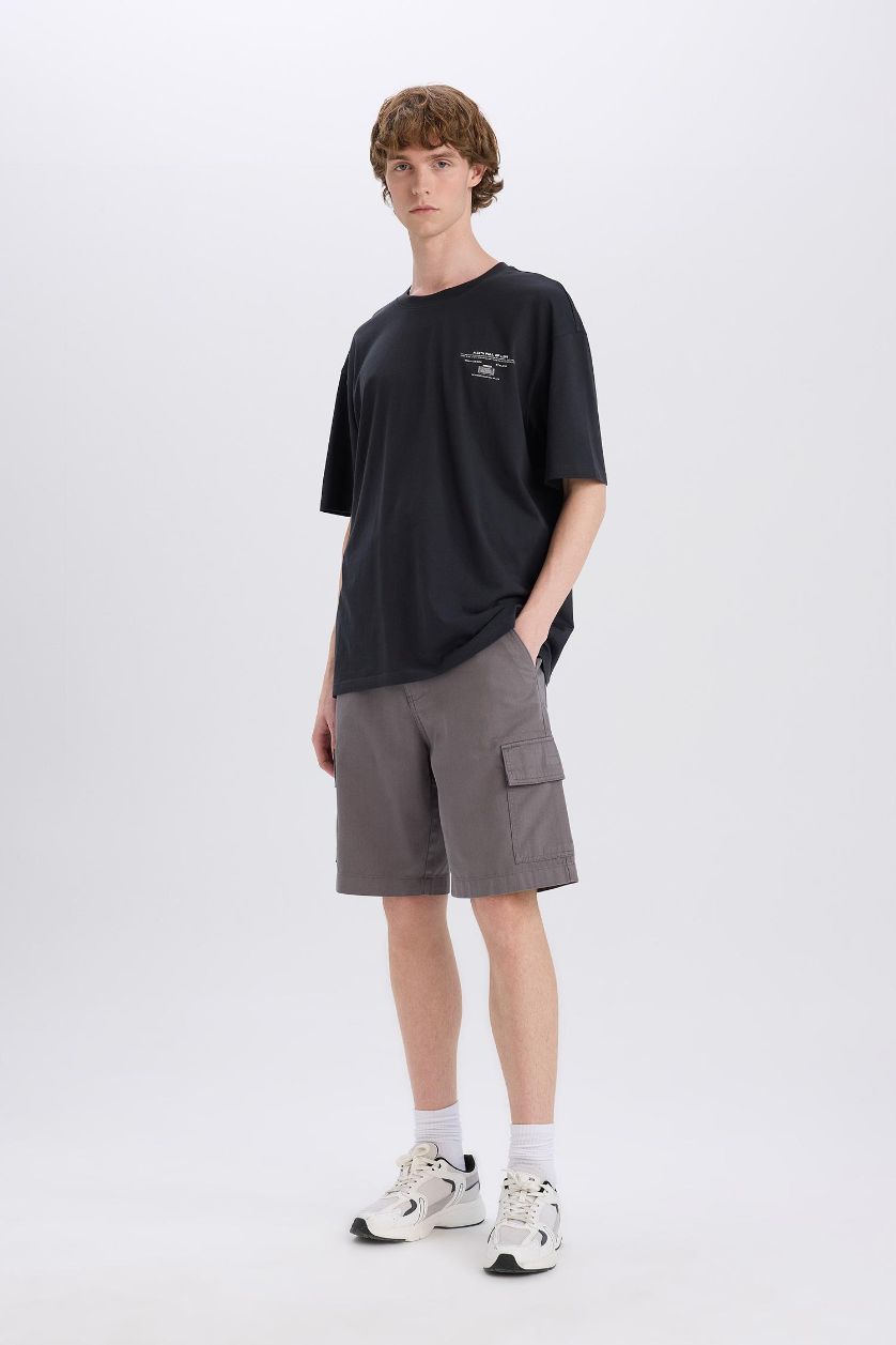 MAN Grey Cotton Regular Cargo Bermuda Shorts